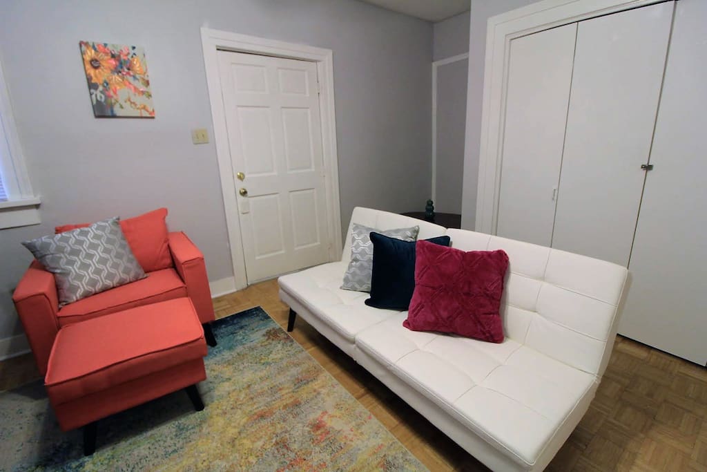 The sofa folds down to become a twin bed, and a Tempurpedic mattress cover is provided for a comfortable night's sleep.