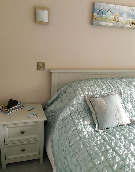 Plump cosy pillows and reading lights above the bed.