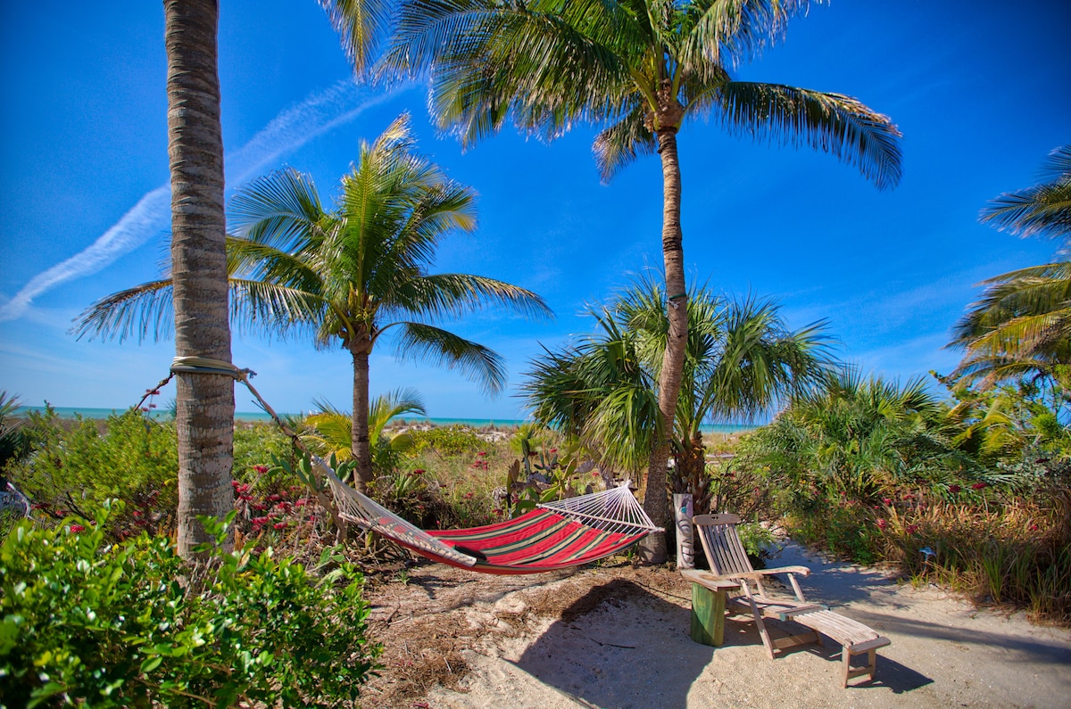 A shaded hammock is suspended between palm trees, offering a relaxing spot surrounded by lush tropical foliage. Nearby, a weathered wooden chair invites quiet moments while overlooking the beach and the Gulf beyond. The clear blue sky enhances the tranquil beach setting.