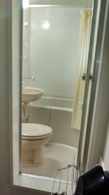 A private toilet,small tub with shower inside the room Buna