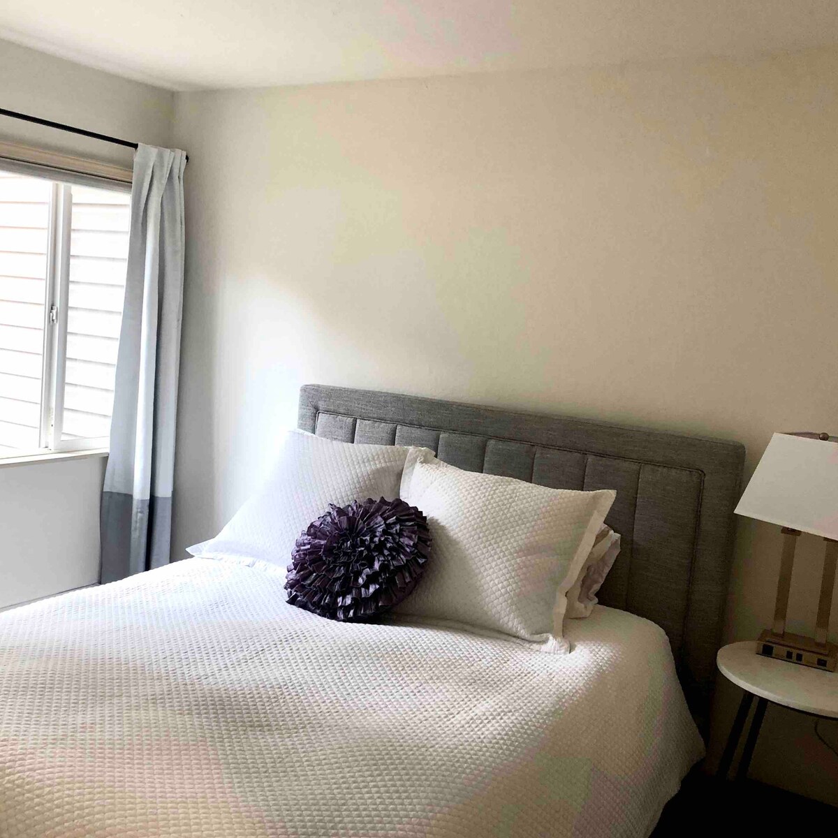 Pohľad z okna na bielu spálňu orientovanú na východ. Táto izba má zvukový prístroj pre ľahkých pražcov.  Môže vytvoriť 8 pokojných zvukov, ktoré je možné nastaviť alebo kombinovať.  Môže slúžiť aj ako modrý zubný reproduktor. 