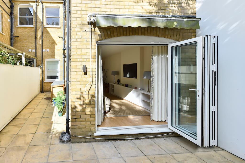 The outside is accessed through large glass doors.