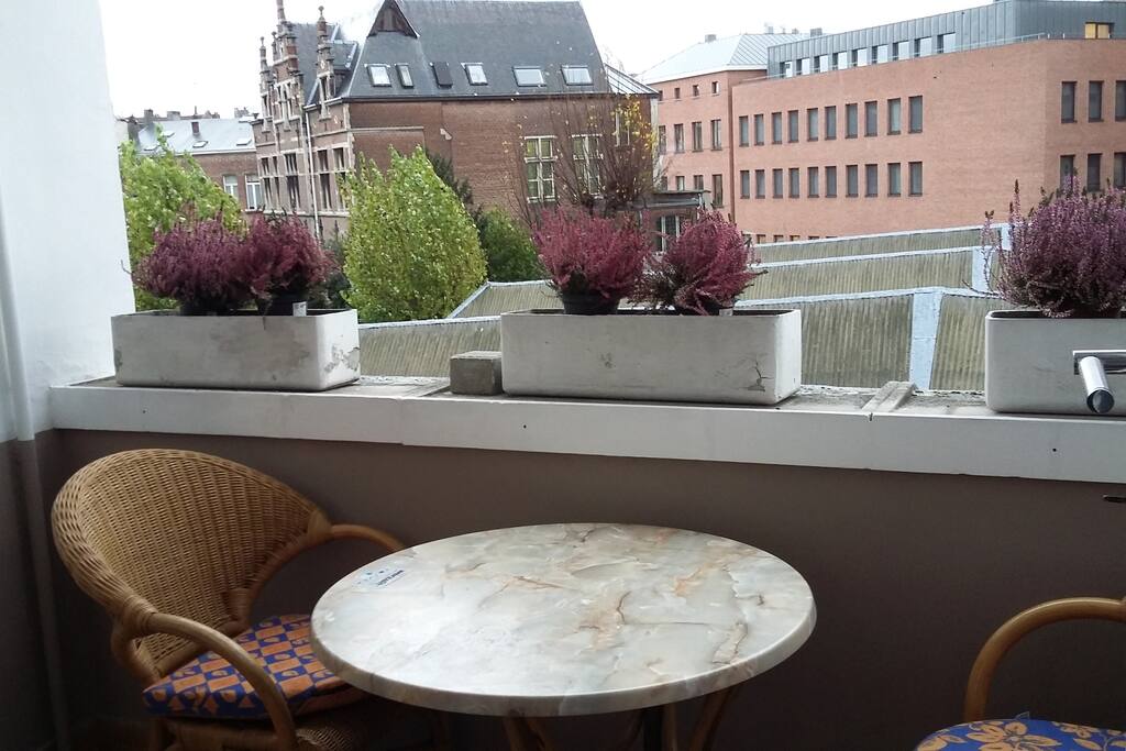 Gastenkamer van 10m2 met gezellig inpandig terrasje van ca 2 m op 3 m met zicht op historisch pand en nabij hospitaal