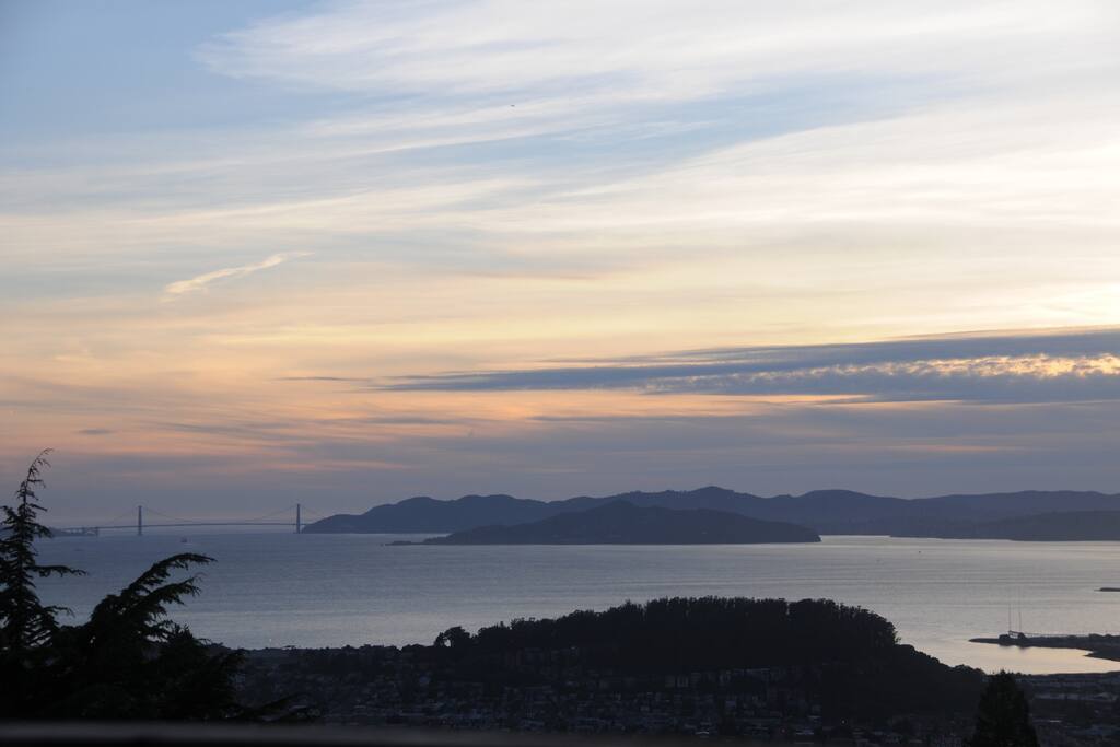 Gorgeous view from our deck, Golden Gate Bridge on the left, Marin Headlands ahead.