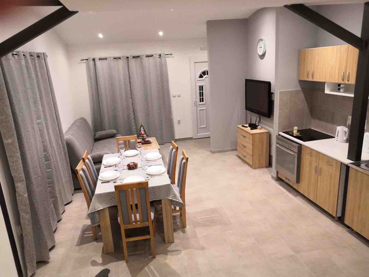 A dining area features a long table set for meals, surrounded by wooden chairs. The compact kitchen is equipped with modern appliances and cabinetry in light wood. Natural light enters through large windows, while soft curtains provide privacy. A comfortable sofa is positioned nearby.