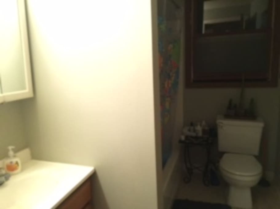 This is one of the bathrooms with tub and shower.