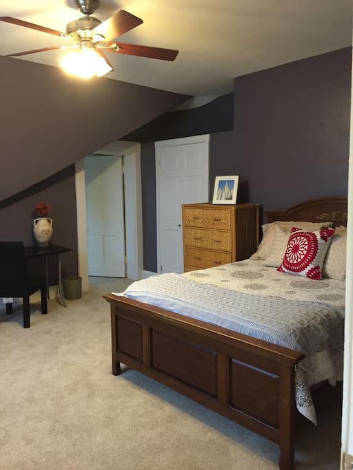 Comfy queen bed, big enough for two. Ask for the air mattress!