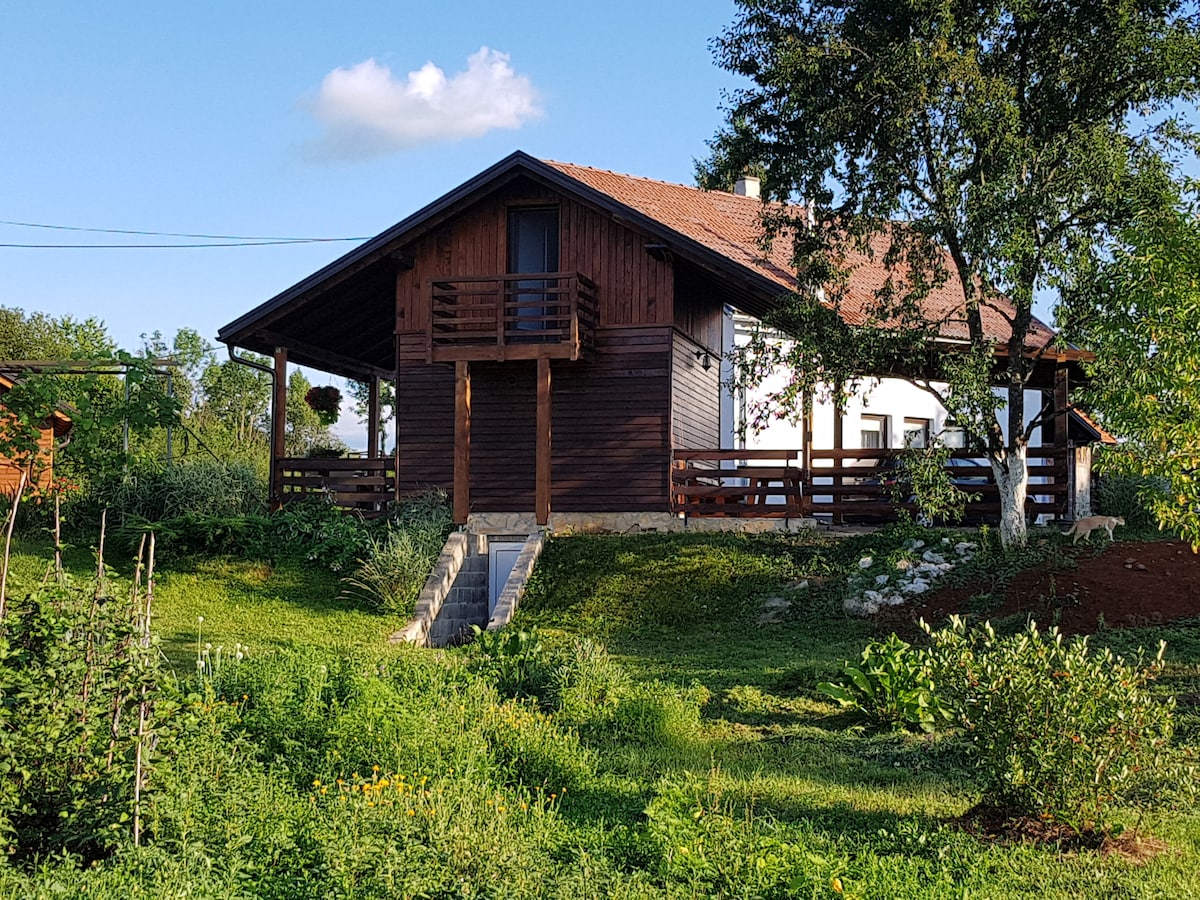 The exterior of the building features a wooden structure with a sloped roof and a covered balcony. Lush greenery surrounds the property, which is complemented by a well-maintained garden. Stairs lead up to the entrance, with an inviting landscape visible in the foreground.