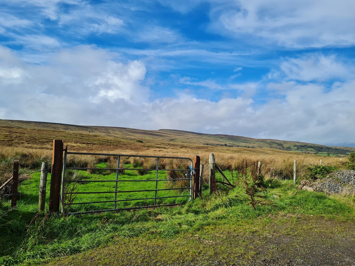 An open gate stands at the edge of a vast green field, bordered by wooden posts and surrounded by tall grass. Scenic hills rise in the background, partially covered by clouds, under a bright blue sky.