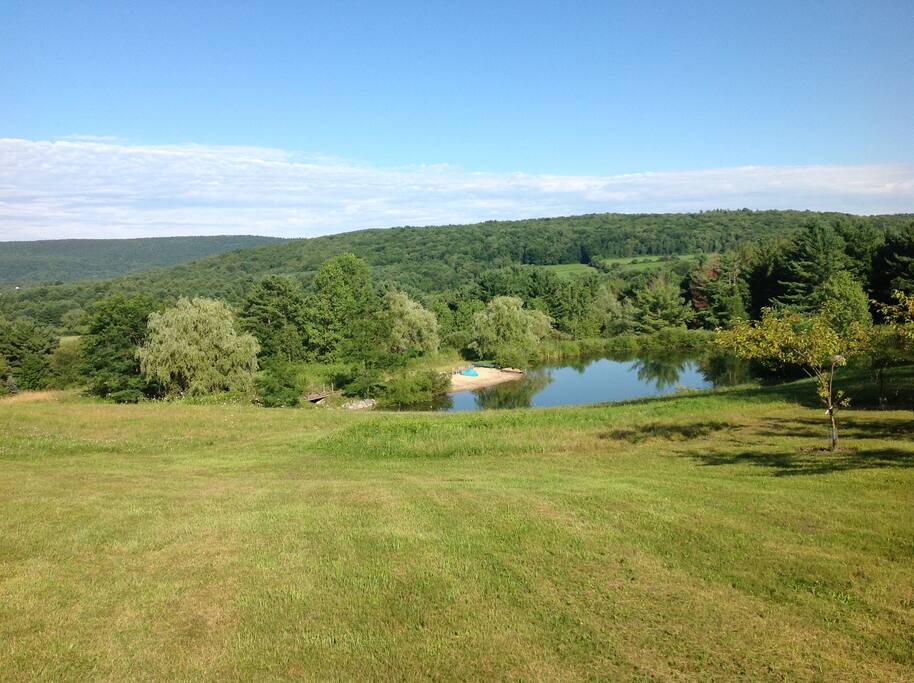 view of swimming pond from house