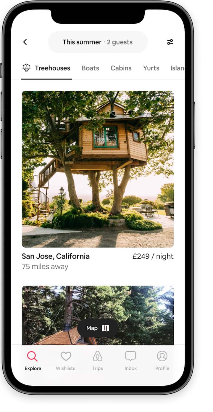 Browse listings for treehouses in the Airbnb app.