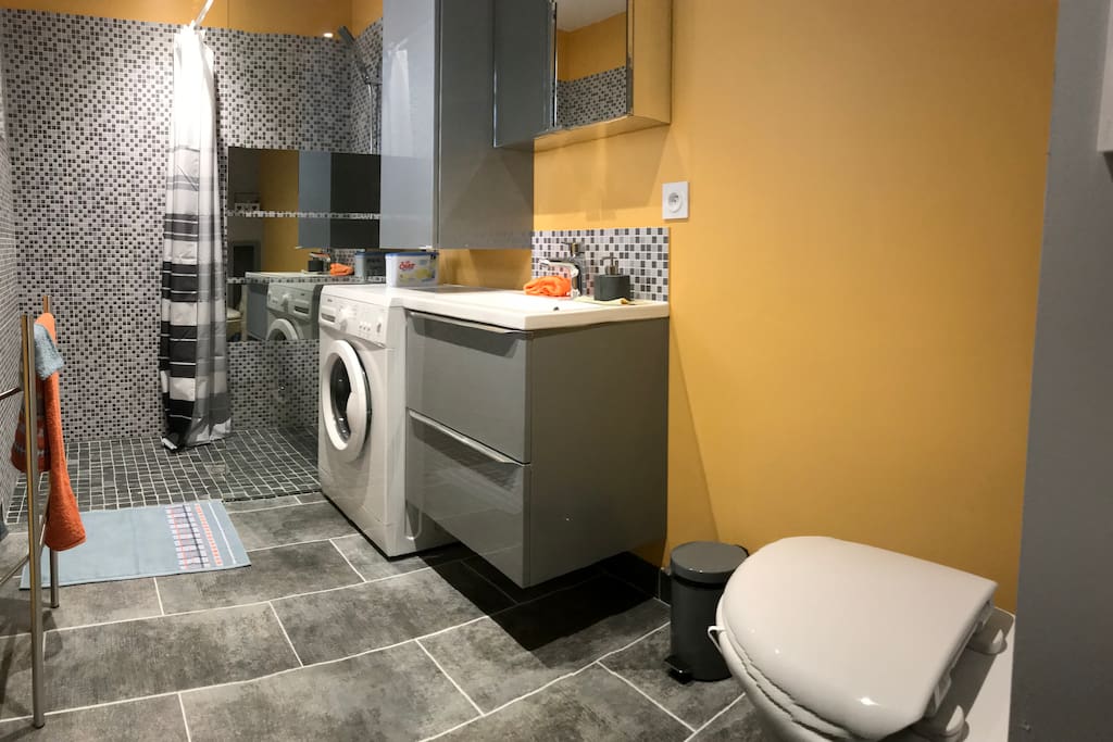 Une salle de bain douche/WC équipée de nombreux rangements et d'un lave-linge
