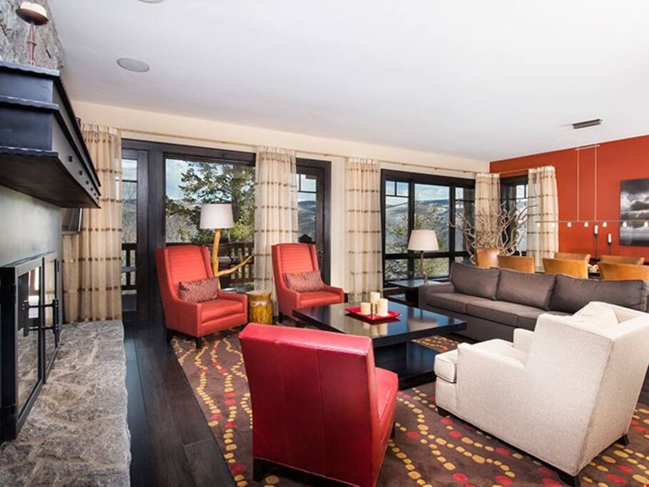 Enjoy cozying up beside the fireplace after a long day on the slopes.