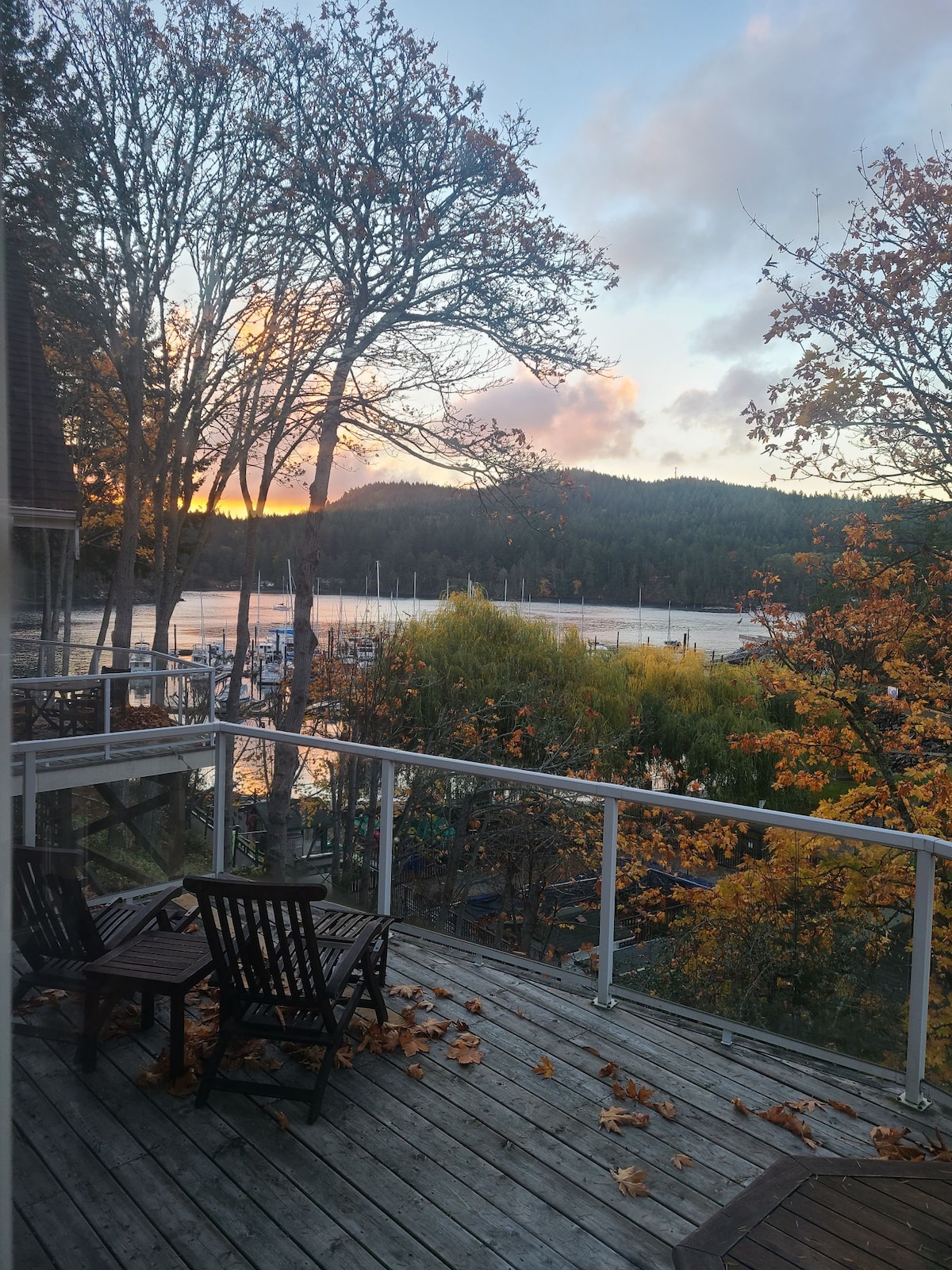 A large deck features two wooden chairs overlooking a tranquil marina. The scene is enhanced by vibrant autumn foliage and a sunset that casts soft hues across the water. Surrounding trees frame the view, highlighting the natural beauty of the location.