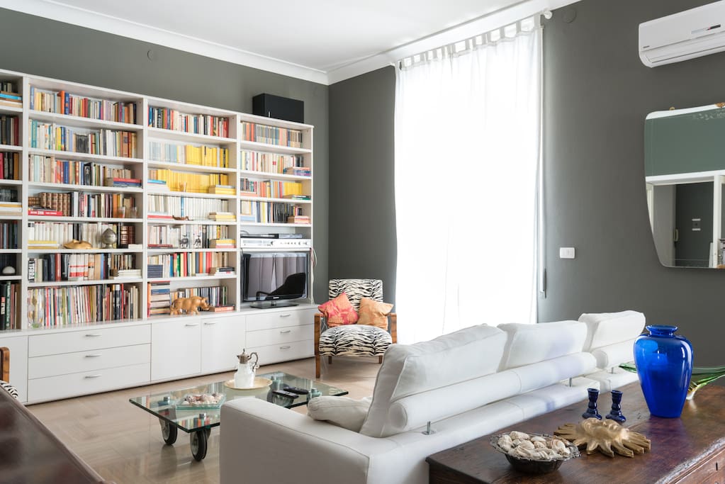 Library and comfortable sofa into the large living room