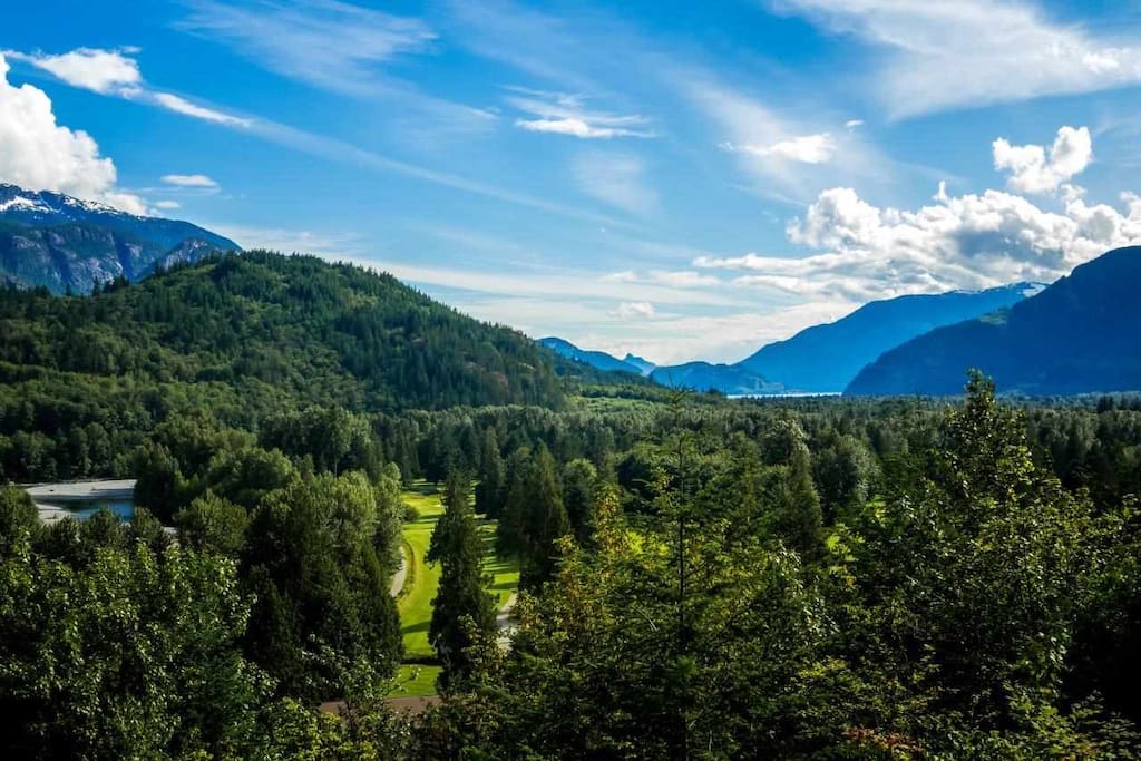 Gorgeous views of Howe Sounds, Squamish Valley Golf & Country Club, Mamquam River, and Sky Pilot
