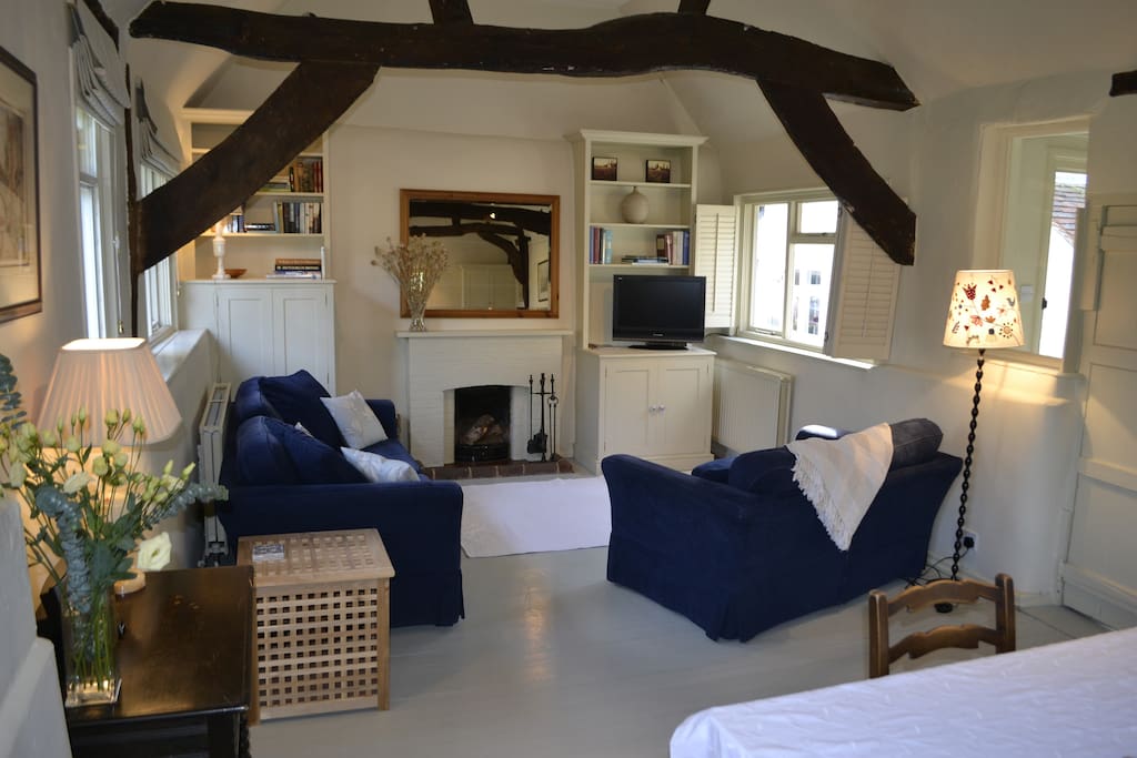 Seating area at one end of the living space
