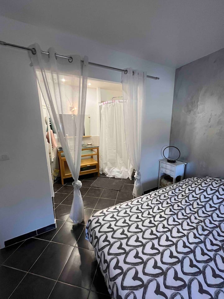 Habitación 1 con baño privado con vistas a la piscina