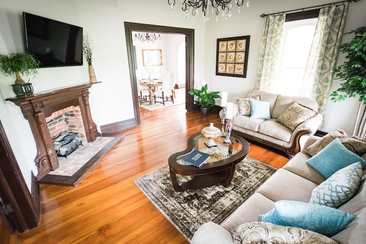 带壁炉和隐私门的舒适客厅