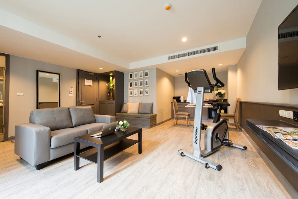 Living room with Sofa and Exercise Bike