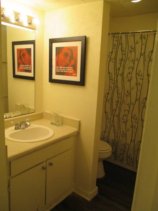 large bathroom with good lighting, plenty of hot water, and good water pressure
