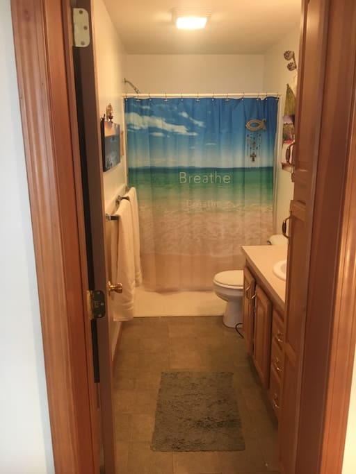 Master bath has a beach theme and adjustable shower head with massage setting.