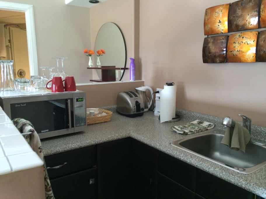Kitchenette with mini fridge, micro wave and sink