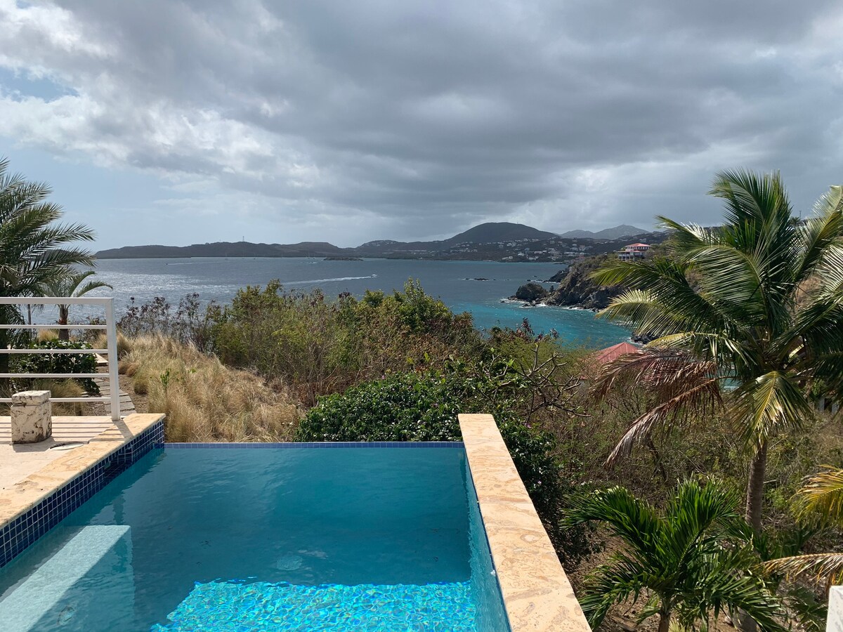 A serene view of the ocean is captured from the edge of the private pool, which reflects the sky's hues. Lush greenery borders the pool area, with gentle waves visible in the distance and a cloudy sky above, creating a tranquil seaside atmosphere.