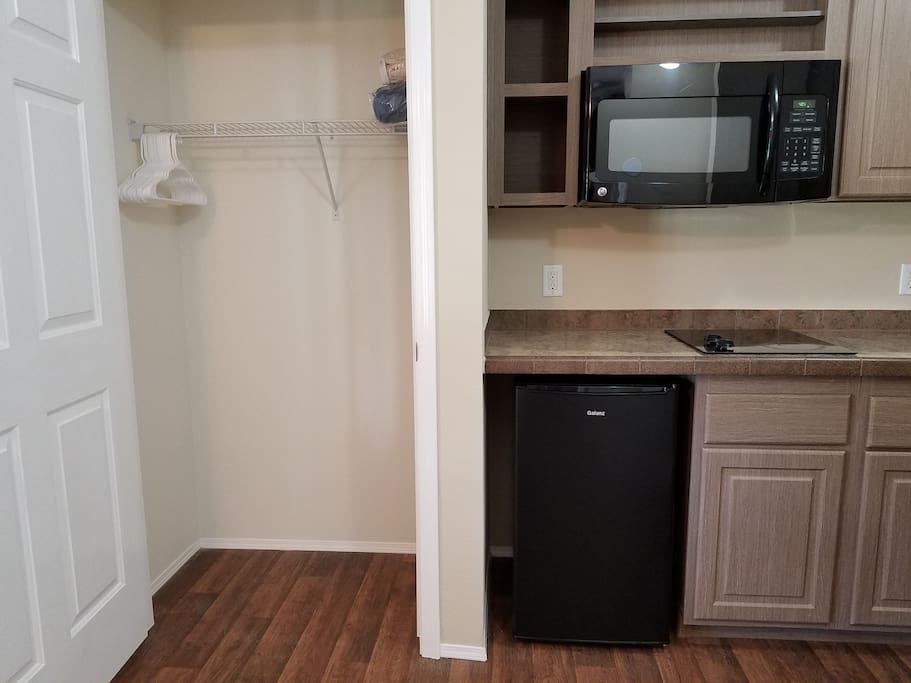 Refrigerator, Microwave + Closet