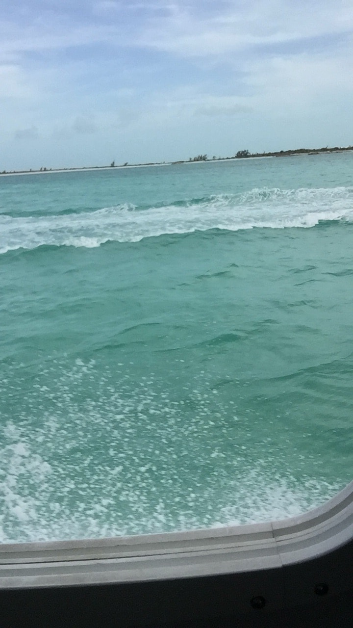 The image captures serene turquoise waters with gentle waves creating white foam. In the distance, a sandy shoreline is faintly visible, framed by a clear sky. The tranquil scene evokes a sense of calm and connection to the natural beauty of the coastline.