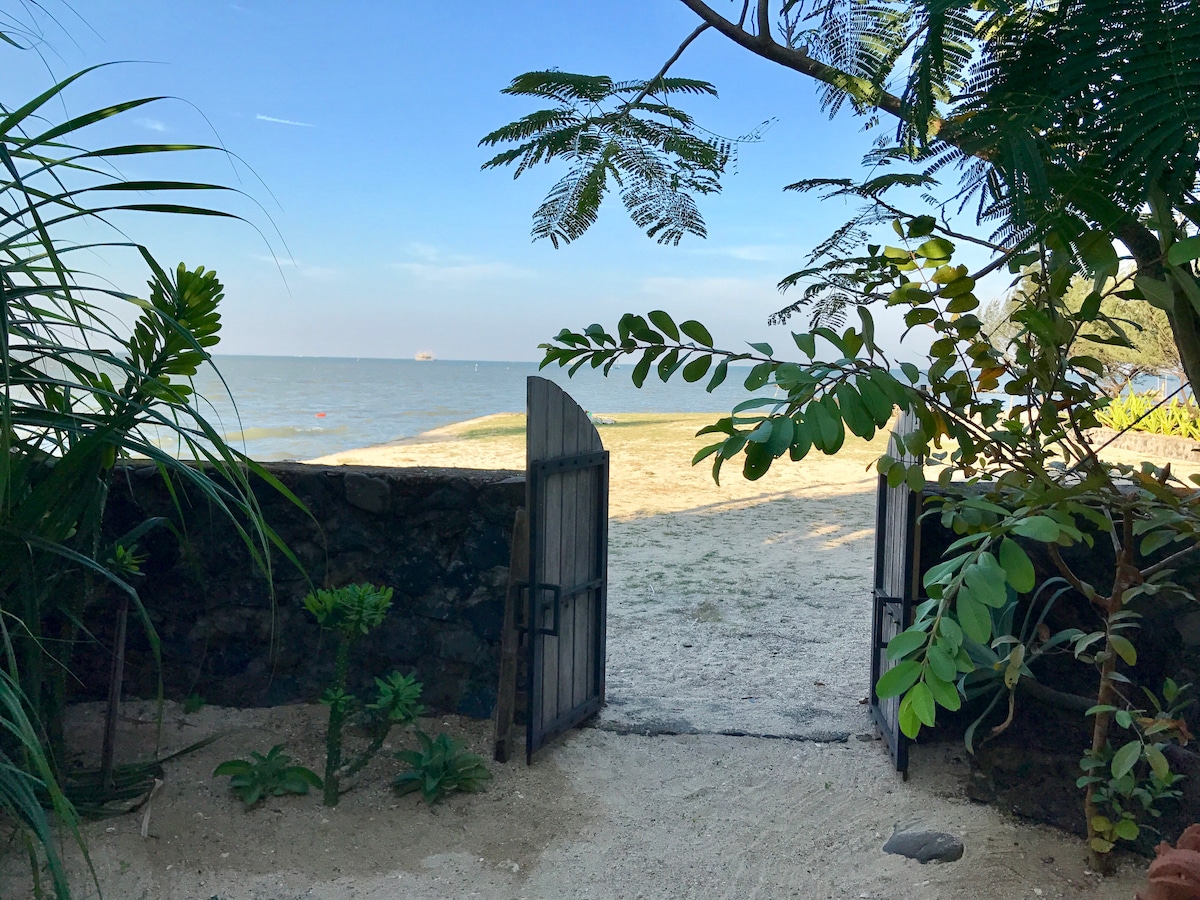 A wooden gate opens to a sandy beach, framed by lush greenery. The calm sea stretches into the distance, under a clear blue sky. The scene invites moments of tranquility by the water's edge.