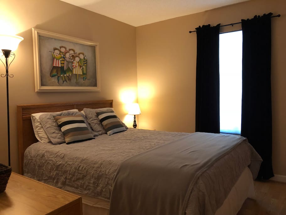 Bedroom with queen size bed, dresser and small closet.