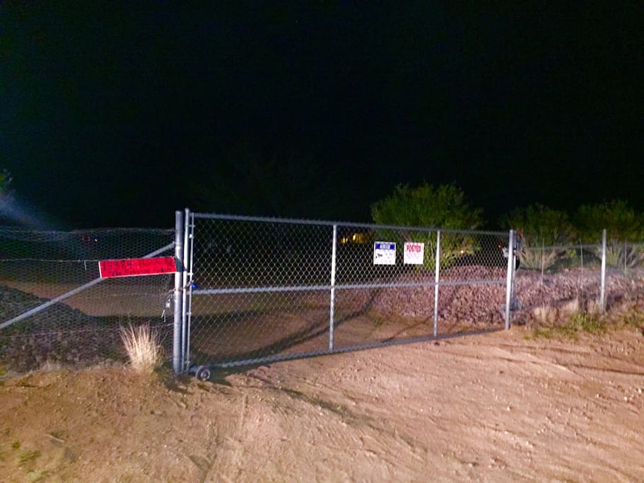 Front Gate, Property is fenced, 5 Acres.