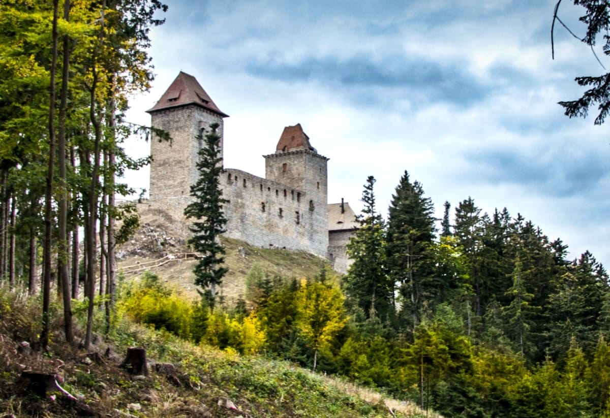 A historic stone castle is visible among a backdrop of tall trees and rolling hills. The structure features multiple towers with distinct roofs, surrounded by greenery, creating a serene natural setting.