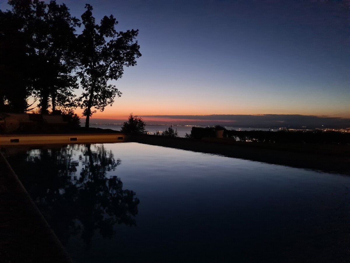 An evening view features a calm pool reflecting the twilight sky, where colors transition from deep blue to soft orange and pink. Silhouettes of trees frame the scene, creating a serene atmosphere with distant lights twinkling along the horizon.