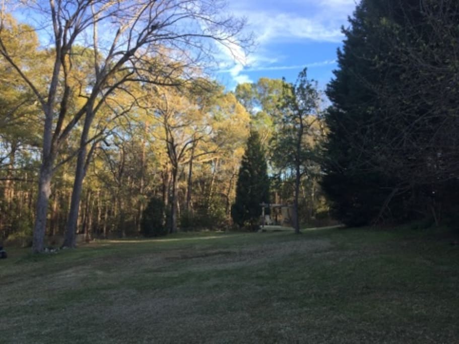 The two back decks overlook the quiet back yard which backs up to Stone Mountain Park. There is plenty of parking for many guests vehicles. Enjoy birds, deer, turkey, and other wildlife.