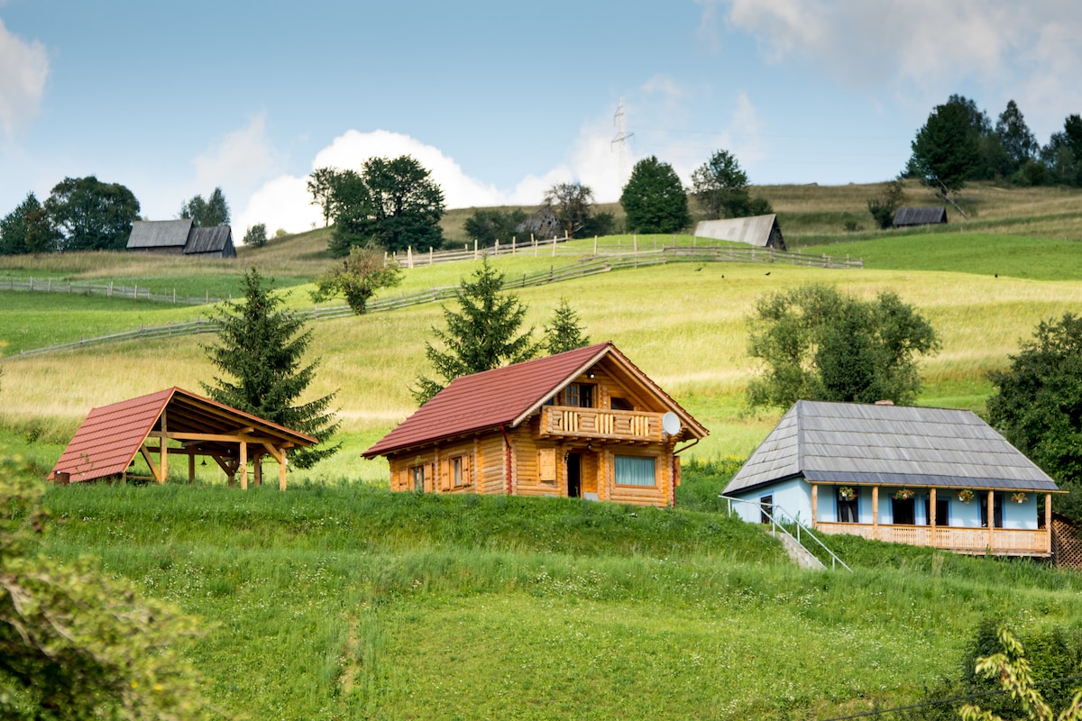 Three distinct wooden structures are set against a backdrop of rolling green hills. A red-roofed house features a balcony, while another structure with a gray roof stands nearby. A covered area can be seen to the left, surrounded by trees and open fields.