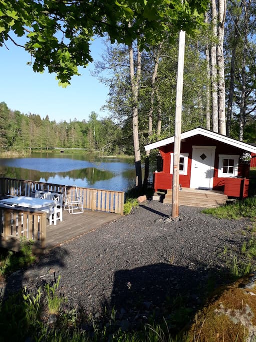 Deck with morning sun. Wood fired sauna with room for six people.
