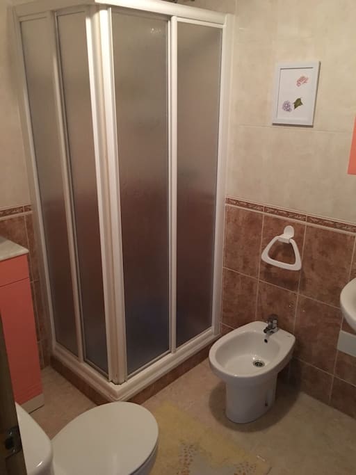 salle de bains composée d'une cabine de douche,lavabo,toilettes et bidet... si, si, absolument !