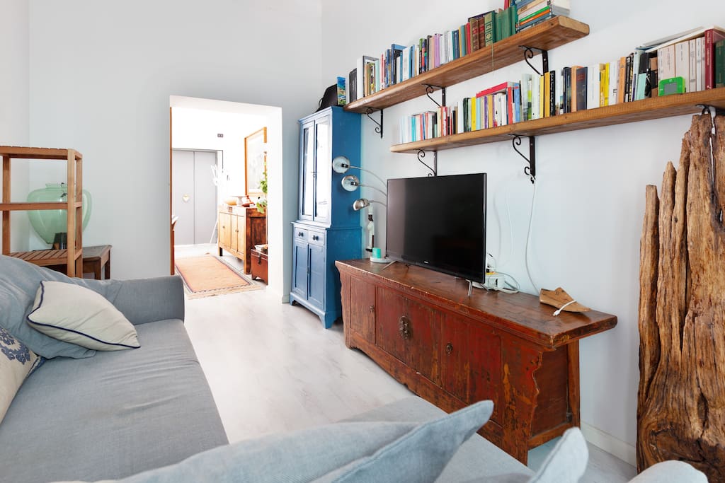 The living room: TV, AC, sofa bed x2