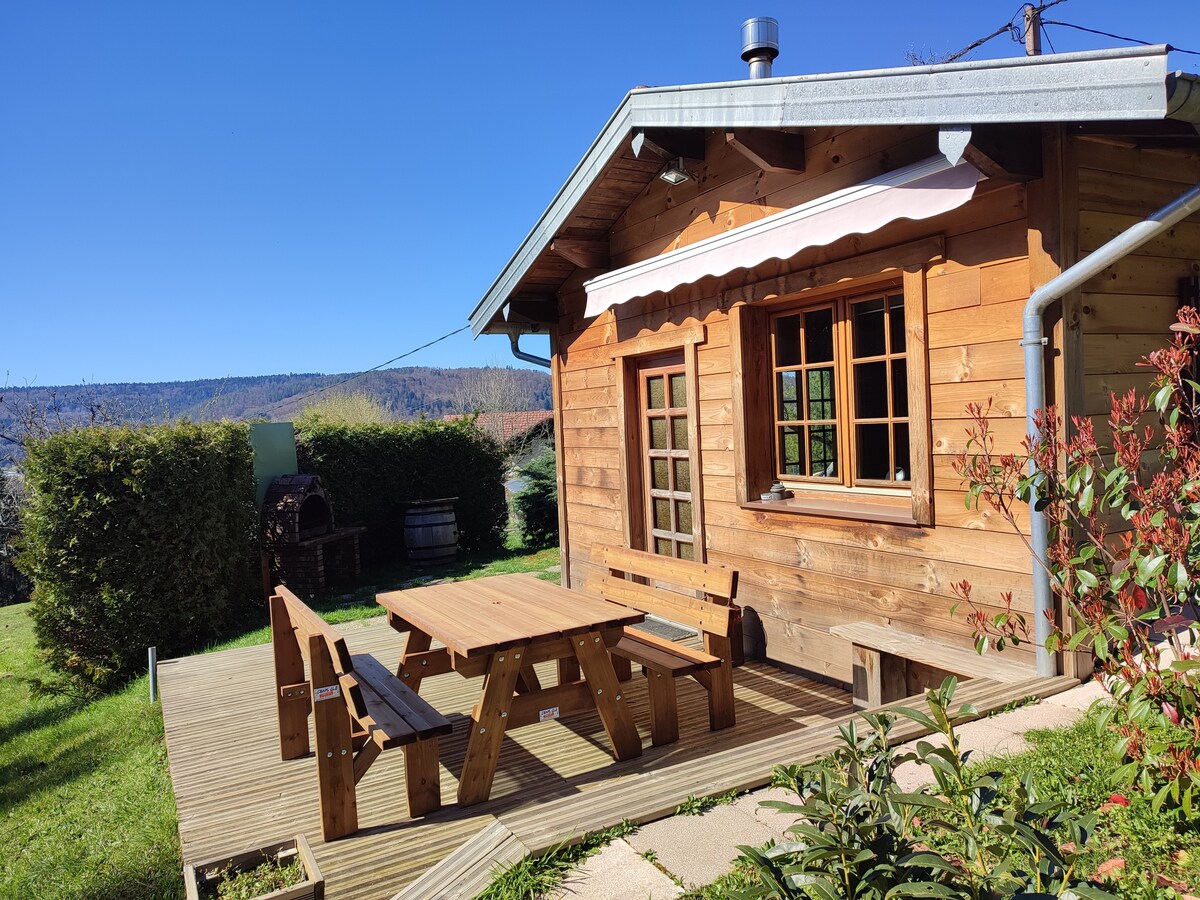 A charming wooden chalet is set against a clear blue sky, featuring a spacious terrace equipped with a large picnic table. Lush greenery surrounds the property, enhancing its natural setting. Large windows invite light into the interior, and a small overhang offers shade.