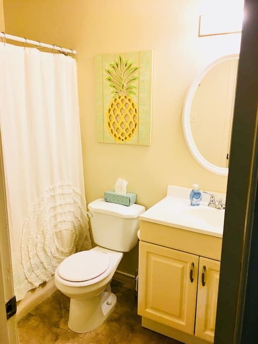 Clean restroom with full tub and shower