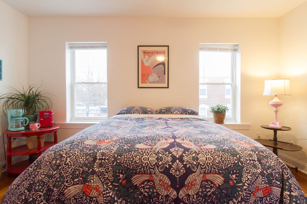 Welcome to your bedroom, tucked away on the third floor! Full size mattress with a cozy down comforter.
