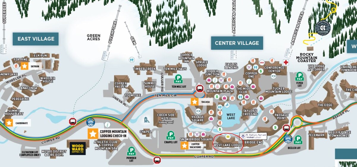 A detailed map of Copper Mountain is presented, outlining the various village areas including East Village, Center Village, and West Village. Key locations such as the American Eagle lift, ski lockers, and surrounding amenities are marked. Natural features and ski runs are also depicted in the layout.