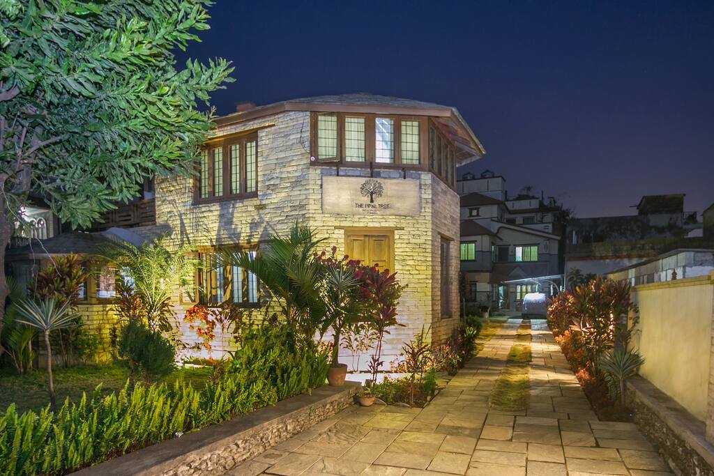 The view from the entrance with evening lights