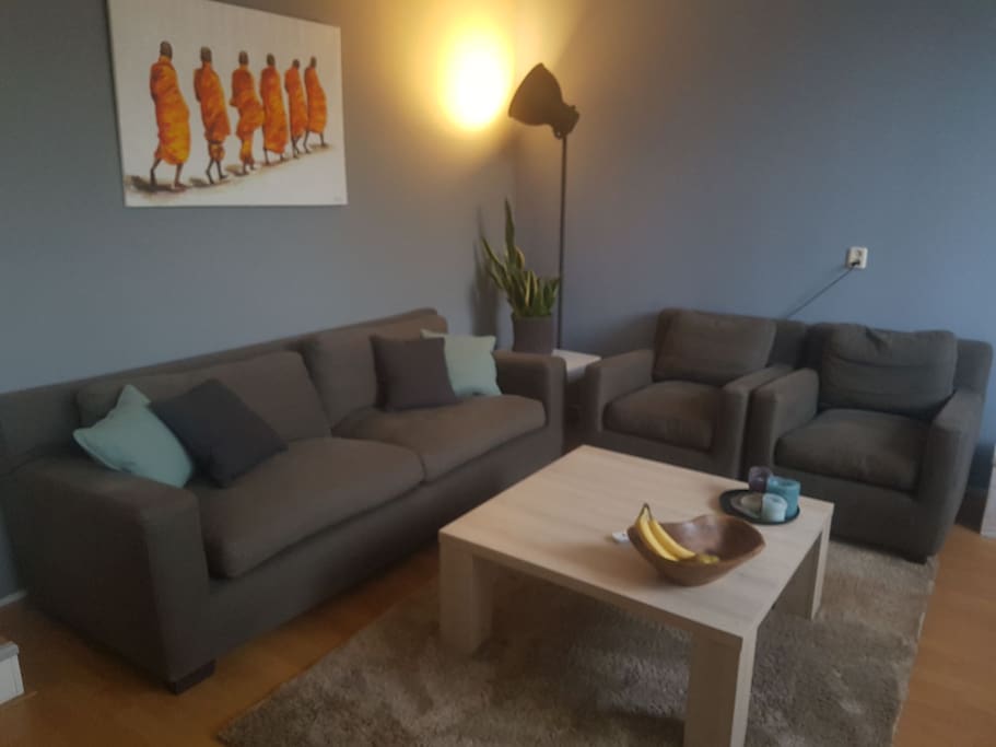 Spacious living room with TV