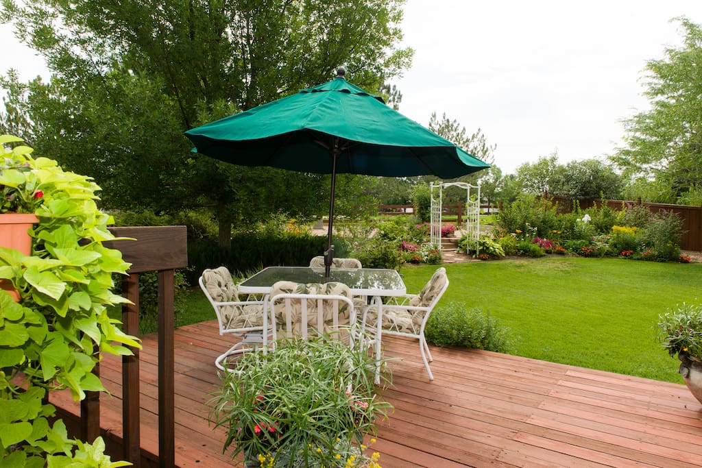 In our backyard, you may sit on our deck or patio to enjoy the 300+ days of Colorado sunshine