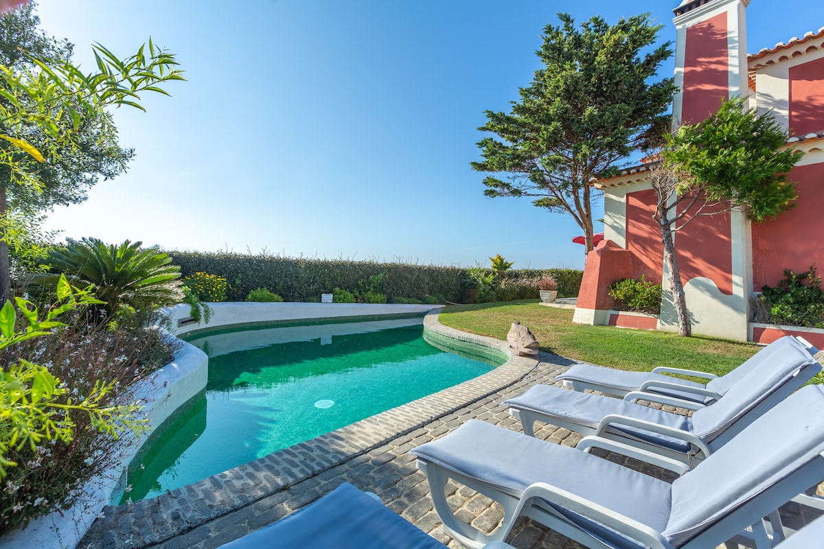 A tranquil private pool is surrounded by a well-maintained garden, featuring lounge chairs for relaxation. Greenery lines the perimeter, while the clear blue sky and sea create a serene backdrop for outdoor enjoyment.