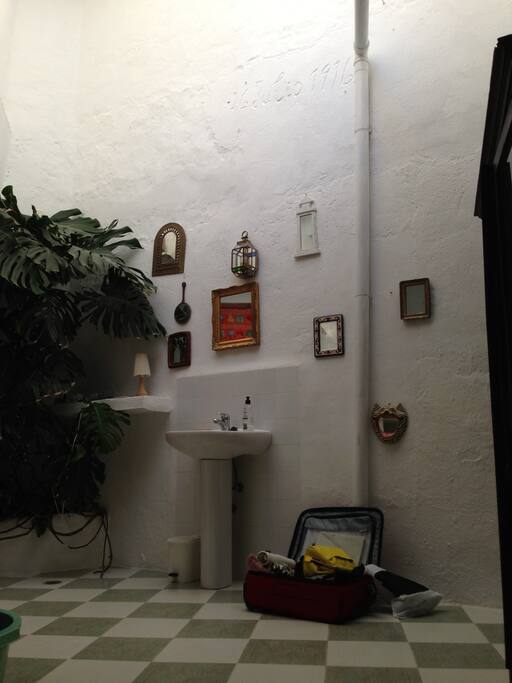 Spacious bathroom with skylight