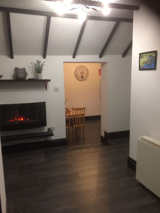 Electric fire provides ambiance after a long day walking